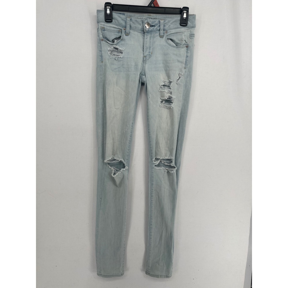 American Eagle Super Stretch Skinny Distressed Light Wash Jeans Womens 0 X-Long